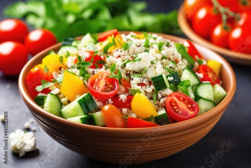 closeup of a bowl of quinoa salad with cucumbers and tomatoes