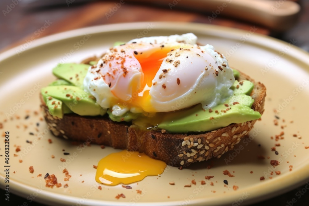 half-eaten avocado toast with poached egg on a ceramic plate half-eaten avocado toast with poached egg on a ceramic plate