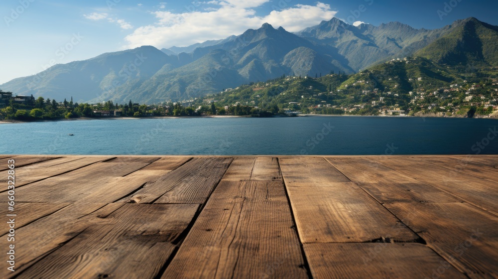 Empty Wooden Floor Display with Sea & Mountain View Empty Wooden Floor Display with Sea & Mountain View