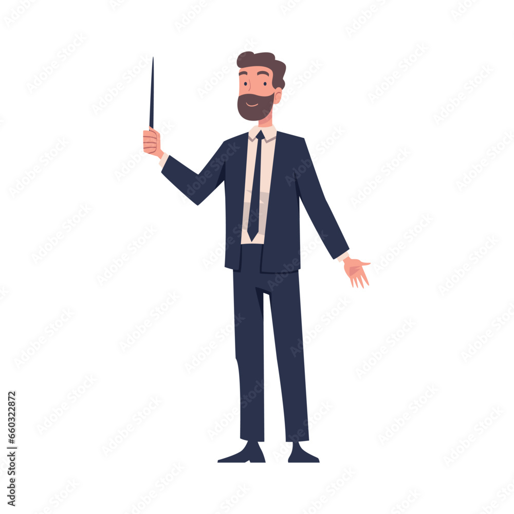 Bearded Man Teacher Character Standing with Pointer and Teaching Vector Illustration Bearded Man Teacher Character Standing with Pointer and Teaching Vector Illustration