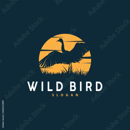 Stork Bird Logo, Heron, Grass, And River Design, Vector Simple Template illustration