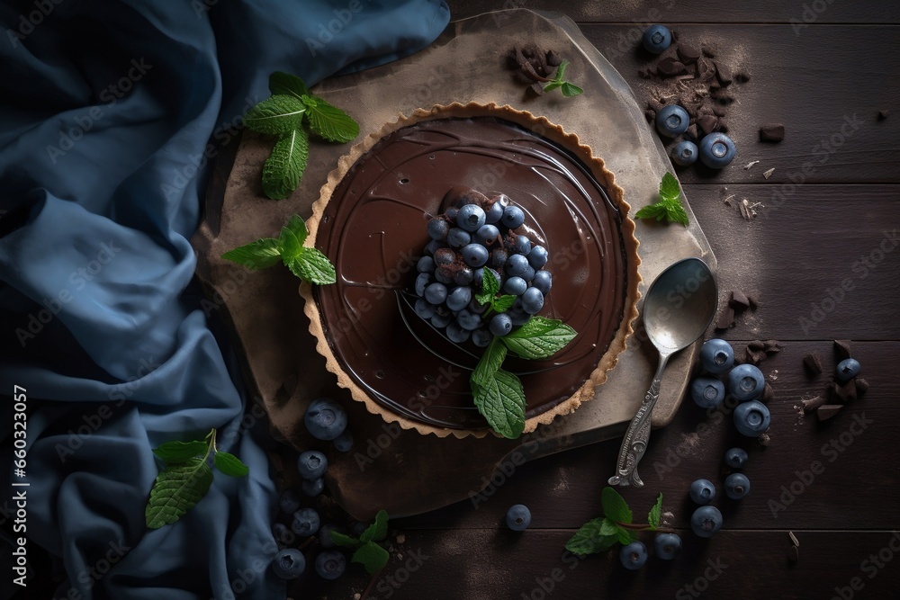 Top view of dark chocolate mousse tart decorated with fresh blueberries and the mint, background with copy space for a greeting text, generative ai - obrazy, fototapety, plakaty 