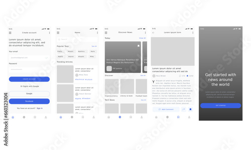 Media News & Press Blogs Blue Mobile App UI Kit Template with Articles Feed and Magazine