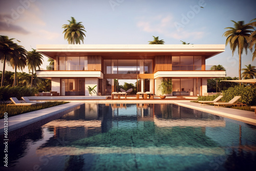 Luxury pool villa spectacular contemporary design digital art real estate home house and property © alisaaa