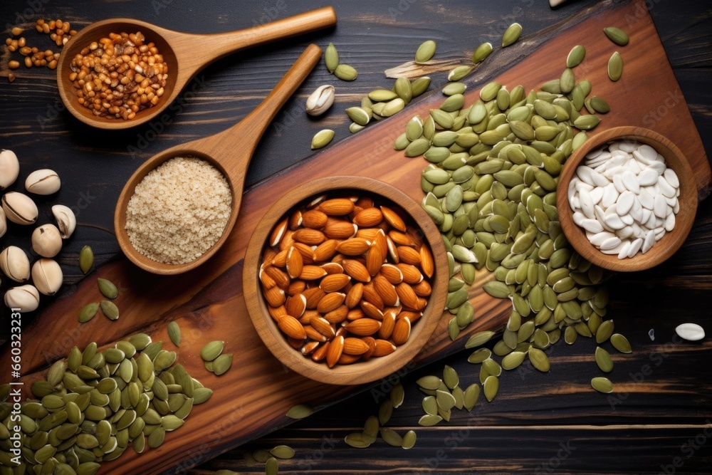 overhead shot of pumpkin seeds on a rustic board overhead shot of pumpkin seeds on a rustic board