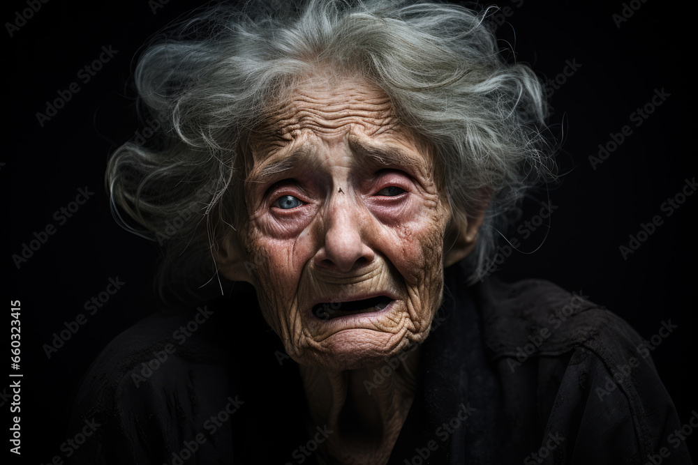 Portrait of sad crying elderly woman. Mourning widow in black clothing. Grief, anxiety, loneliness, aging, war concept