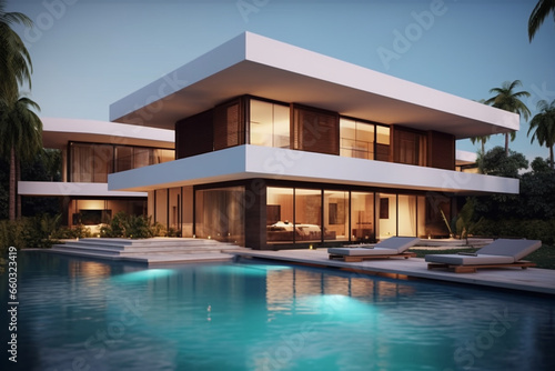 Luxury pool villa spectacular contemporary design digital art real estate home house and property © alisaaa