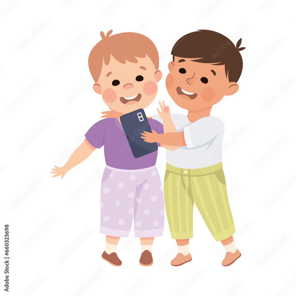 Little Boys with Smartphone Taking Selfie Using Smart Technology Vector Illustration Little Boys with Smartphone Taking Selfie Using Smart Technology Vector Illustration