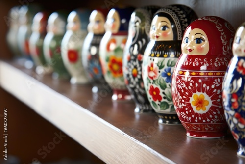 matryoshka dolls lined up on a wooden shelf photo