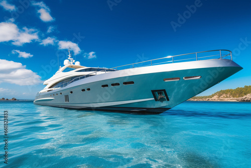 Luxury yacht moving in sea against blue sky, © alisaaa