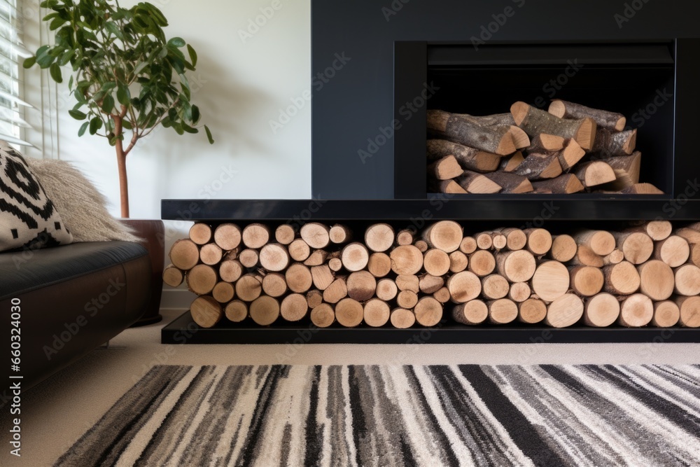 a plush carpet in front of a modern fireplace with log storage