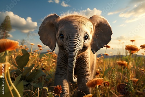 there is a baby elephant standing in a field of flowers