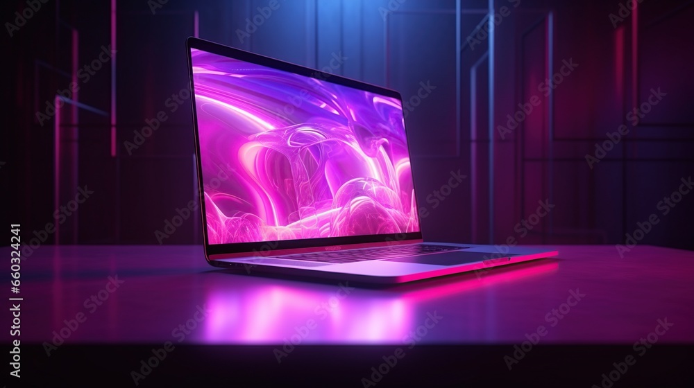 Close up of a laptop with illuminated glowing display technology. AI generated image - obrazy, fototapety, plakaty 