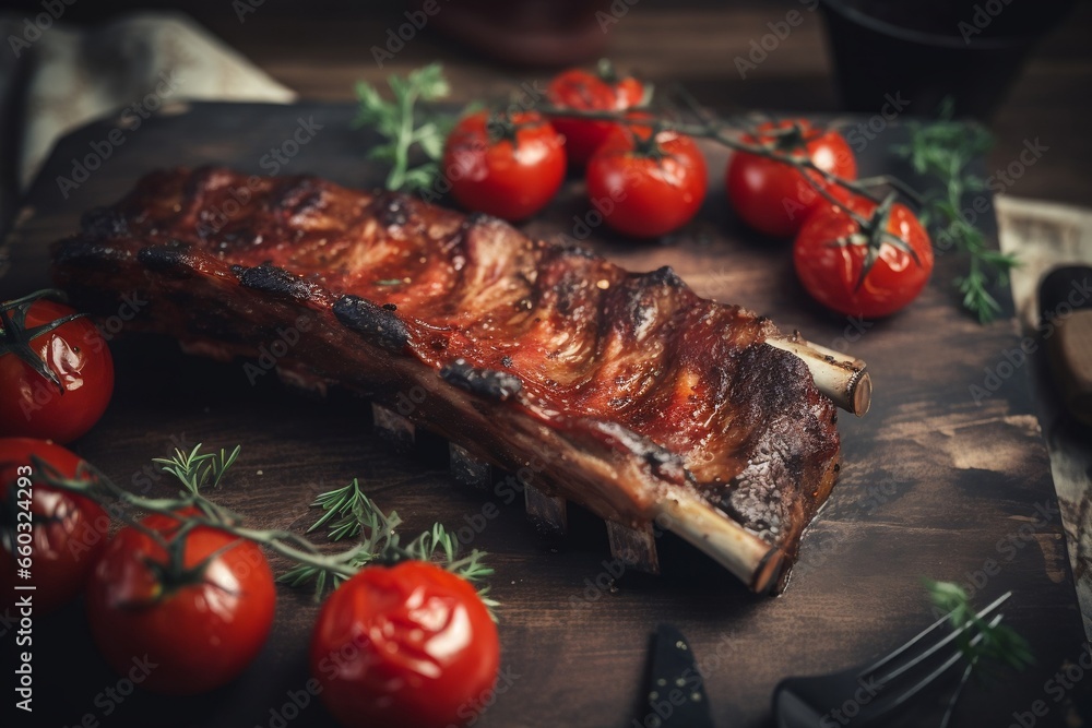 Hot grilled spare ribs BBQ with tomatoes, top view, generative ai