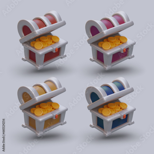 Vertical poster with realistic 3d gold chest in different colors. Colorful elements for pirate computer game. Treasures search concept. Vector illustration with gray background