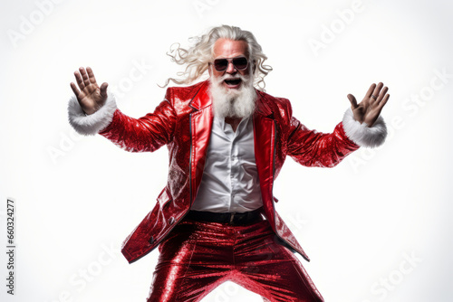 stylish aged playful emotion Santa in sunglasses with comic grimace fooling around on white background photo
