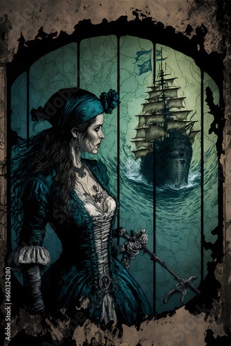 pirate queen escaping a victorian era jail water slyph in foreground weathered ocean map in background 