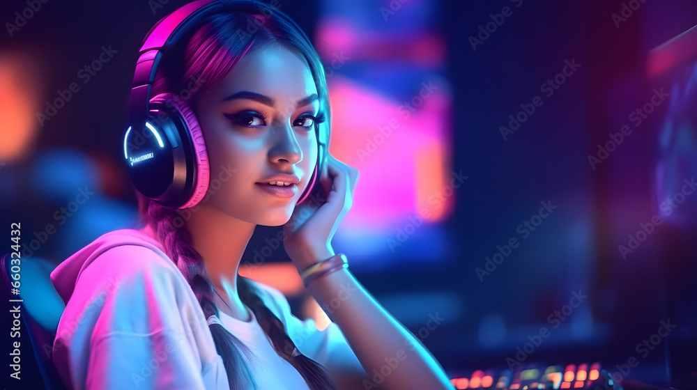 Gamer young girl with gaming headset playing on PC inside gaming room with neon lights Gamer young girl with gaming headset playing on PC inside gaming room with neon lights