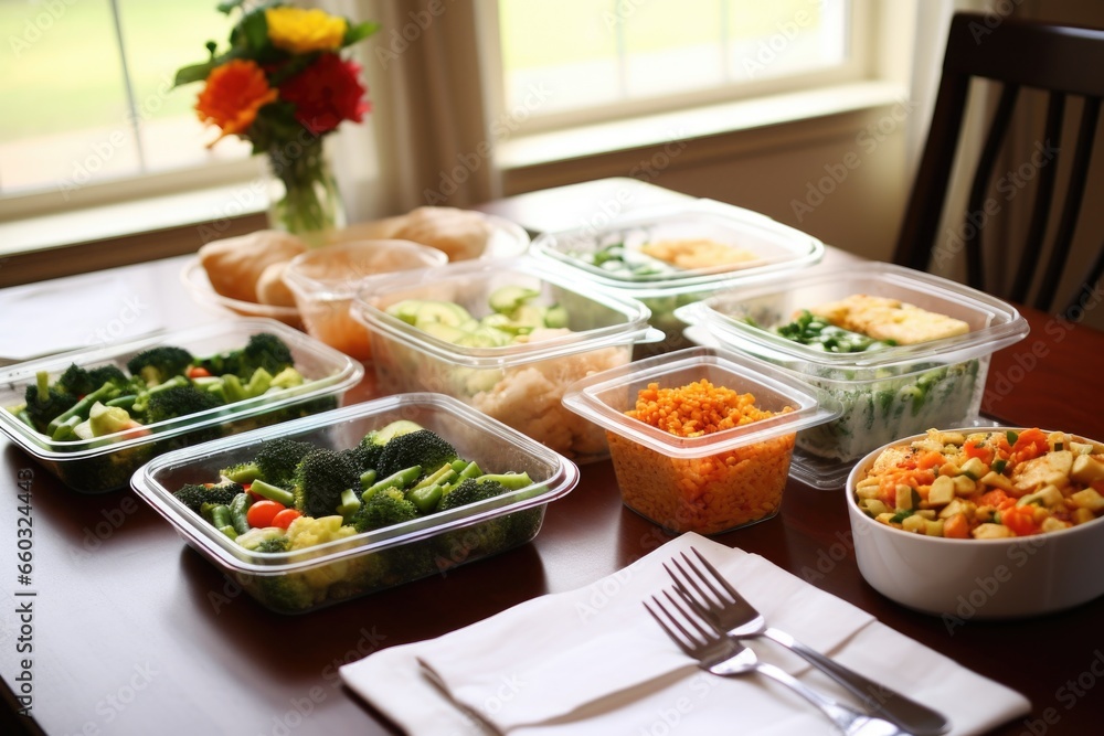 a table setting with portioned meals in containers