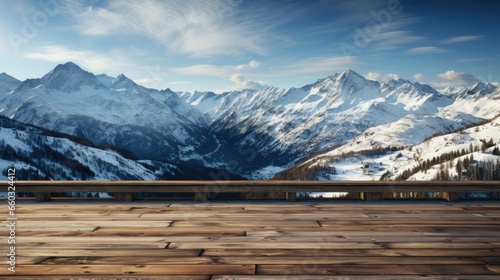 Wooden Floor Display with Snowy Mountain Background © PhilipSebastian