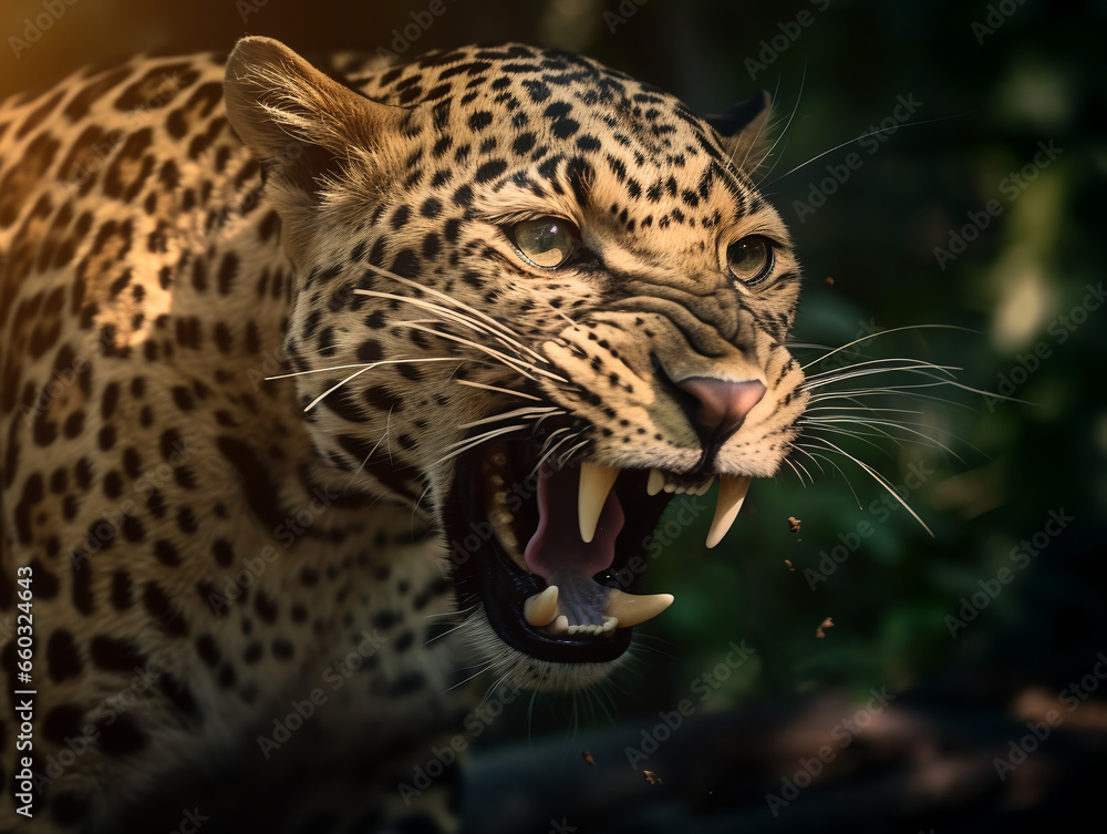 Fototapeta premium detailed close up portrait of a roaring leopard, generative ai