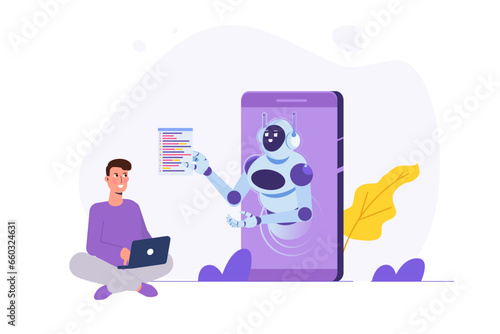 Coding bot, chat bot developed concept. Vector illustrations for banner, website, landing page, flyer.