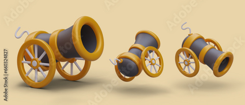 Poster with realistic 3d cannon in different position on yellow background. Ancient corsair cannon Computer pirate game. Vector illustration in 3d style
