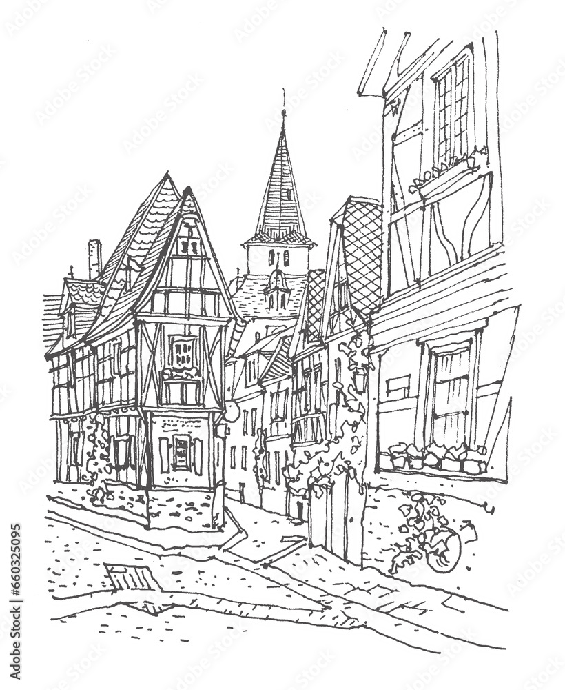 Travel sketch illustration of Braubach, Germany, Europe. Medieval fachwerk architecture, old town. Sketchy line art drawing, ink pen on paper. Hand drawn. Urban sketch, black color on white background