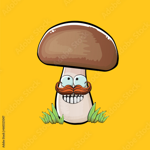 Cartoon mushroom characters isolated on orange background. Funky boletus character with eyes and mouth. Vector white mushroom with brown cap clip art, emoji, label and sticker