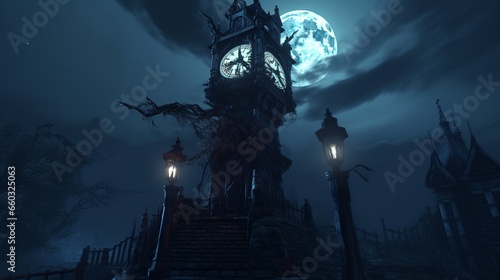 A cursed clock tower with eerie chimes echoing through the night.
