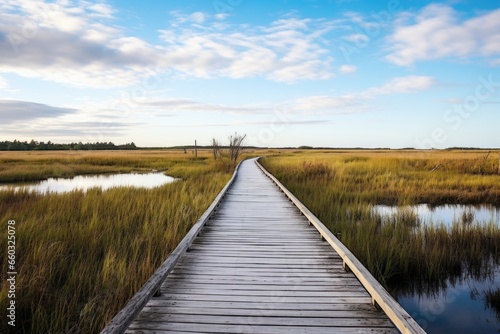 wooden boardwalk over a marshland in a wildlife sanctuary