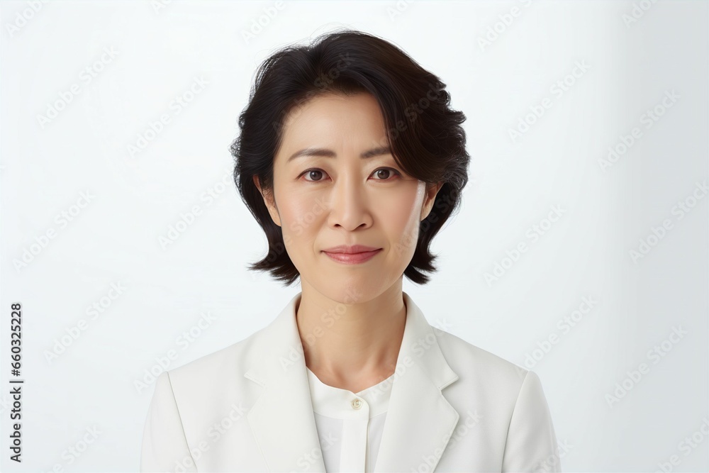 正面の日本人の女性シニアビジネスマンのポートレート写真(白背景・サラリーマン・スーツ・上司・起業家・経営者) 正面の日本人の女性シニアビジネスマンのポートレート写真(白背景・サラリーマン・スーツ・上司・起業家・経営者)