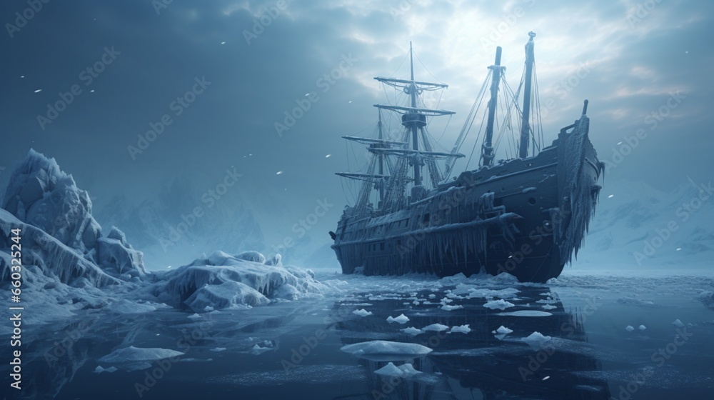 A ghostly shipwreck on a snowy shore, cursed for eternity.