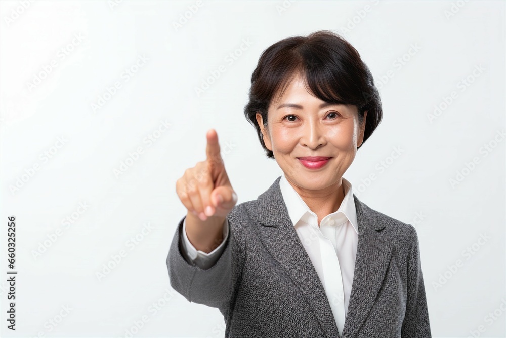 指をさす日本人の女性シニアビジネスマンのポートレート写真（白背景・サラリーマン・スーツ・上司・起業家・経営者）