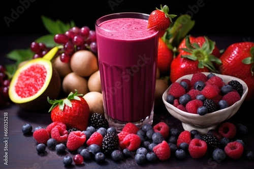 mixed berry smoothie beside an arrangement of raw berries