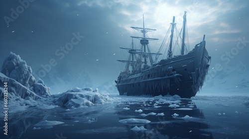 A ghostly shipwreck on a snowy shore, cursed for eternity.