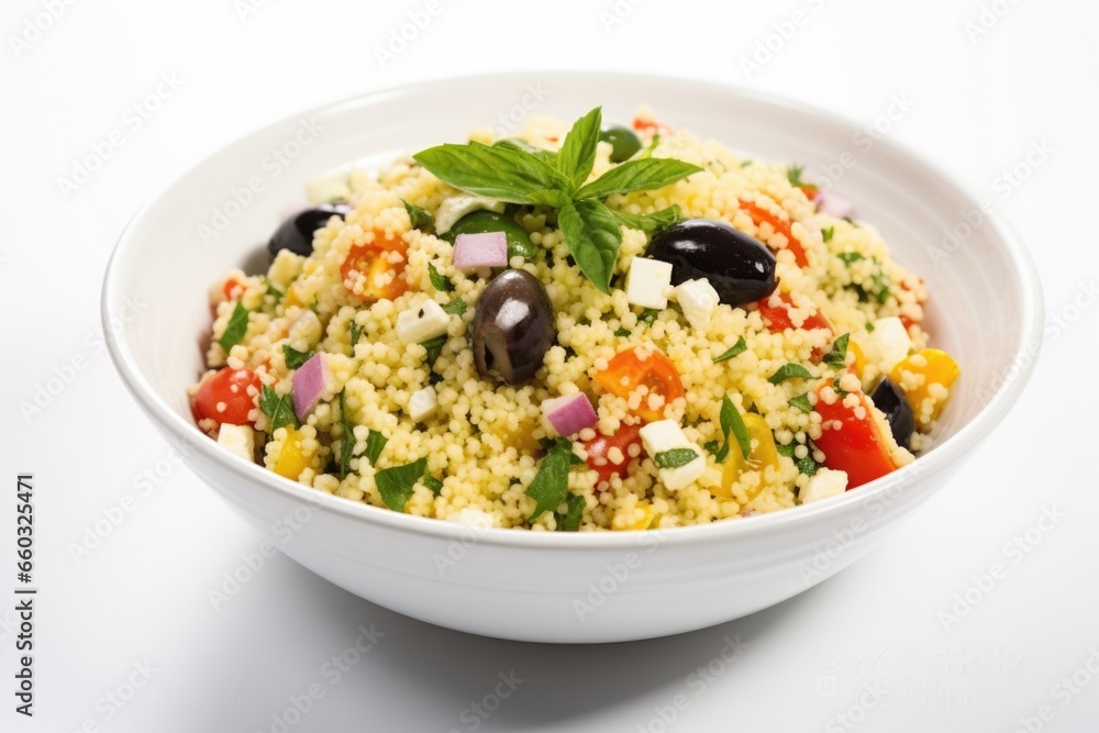 bowl of couscous salad with olives and tomatoes against a white backdrop bowl of couscous salad with olives and tomatoes against a white backdrop