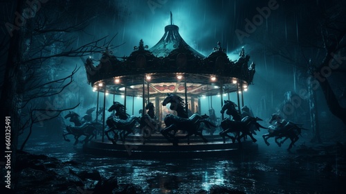 A haunted carousel with spectral horses and eerie music. photo