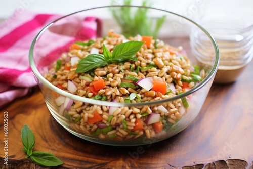 farro salad in a clear glass bowl on a bamboo mat