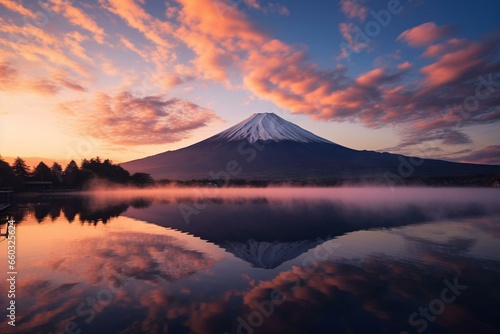 Image of Mount Fuji and sunrise  depicting the first light of day and a beautiful morning sky. Generative AI