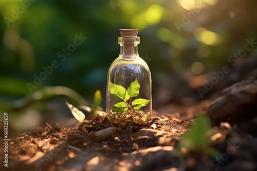 Image of bottle with liquid and green leaf of plant on ground in sunny nature. Generative AI