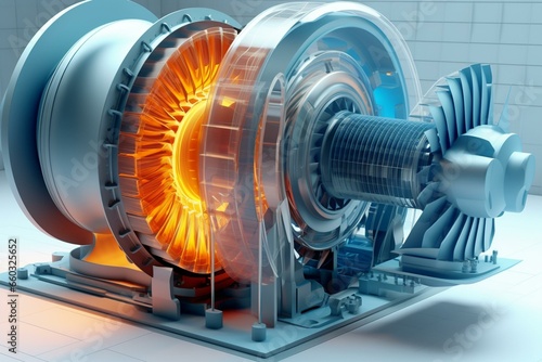 A 3D turbine powers a centrifugal compressor. Generative AI photo