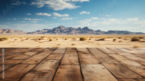 Wooden Floor Display with Expansive Desert Background