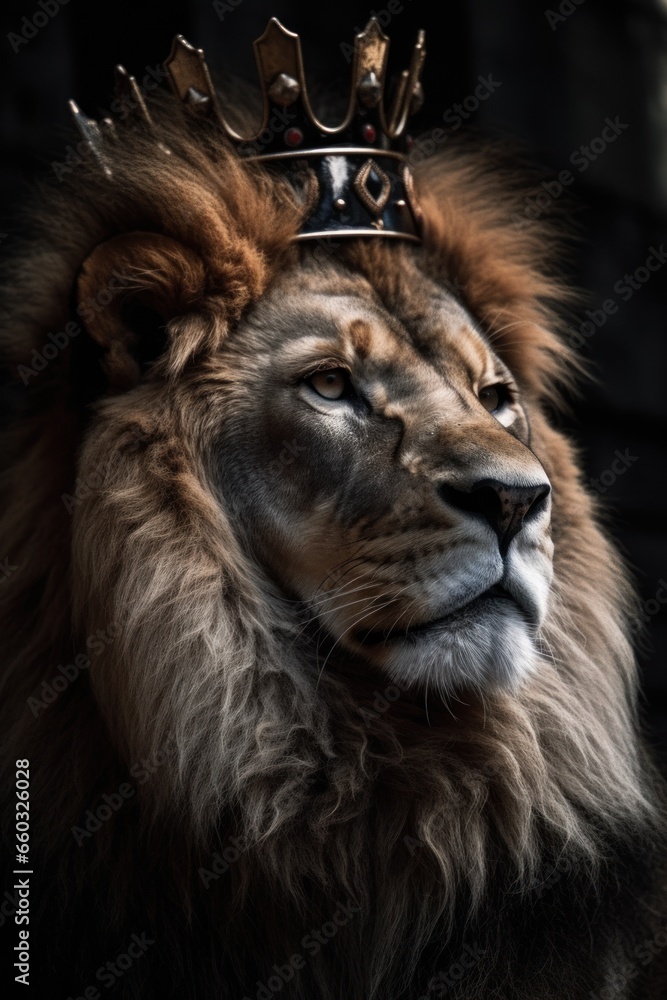 Fototapeta premium Portrait of a lion king with a crown on his head.