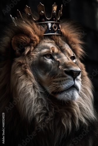 Portrait of a lion king with a crown on his head.