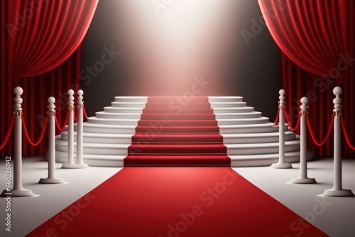 Red velvet curtain and red carpet with spotlights