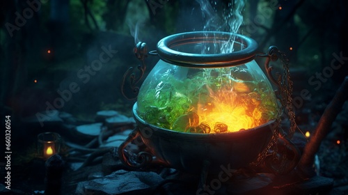 An enchanted cauldron bubbling with mysterious potions.