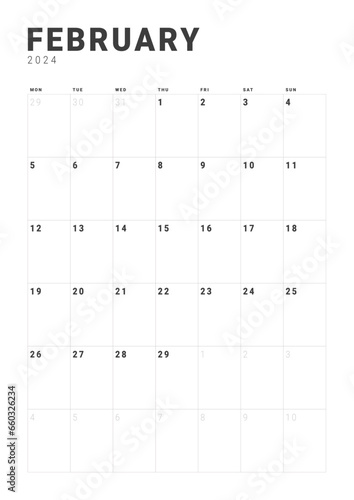 Wallpaper Mural Monthly page Calendar Planner Templates of February 2024. Vector layout of a vertical simple calendar with week start Monday for print. Page for size A4 or 21x29.7 cm Torontodigital.ca