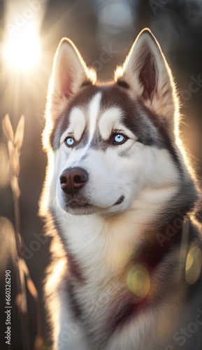 Siberian Husky with blue eyes in the rays of the setting sun