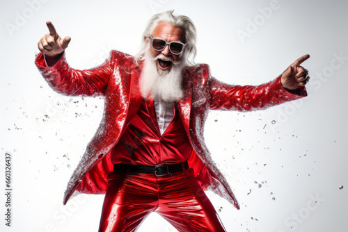 Fototapeta stylish aged playful emotion Santa in sunglasses with comic grimace fooling arou